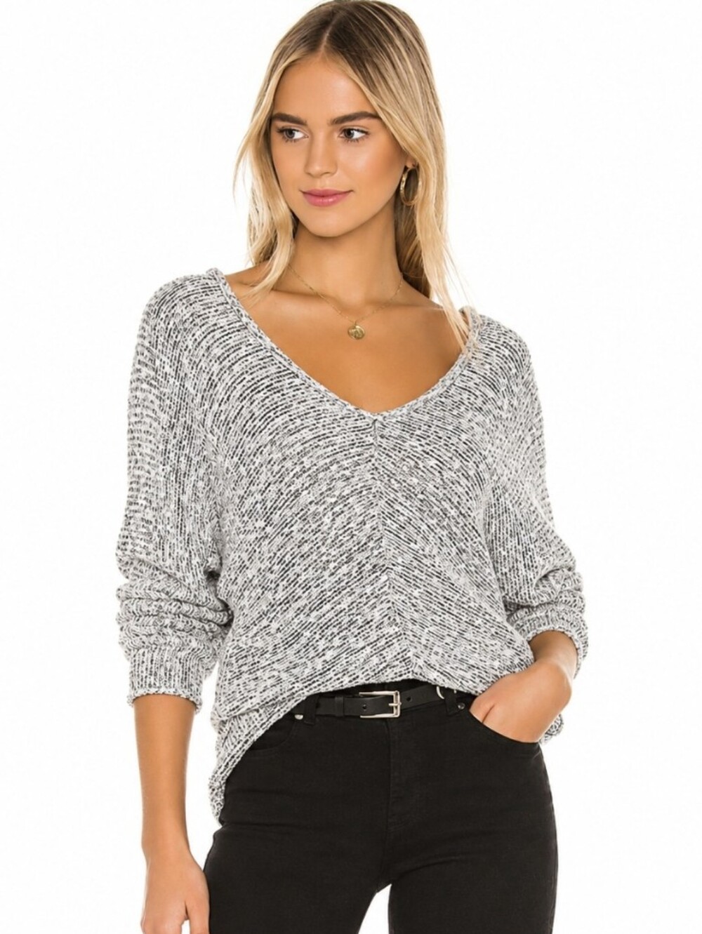 Free People Bright Lights Marled V-Neck Sweater Grey Oversize Dolman Sleeve Sz L